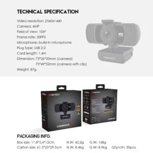 WEB KAMERA FANTECH QUAD HD 1440P 2K USB 2.0 LUMINUS C31 CRNA