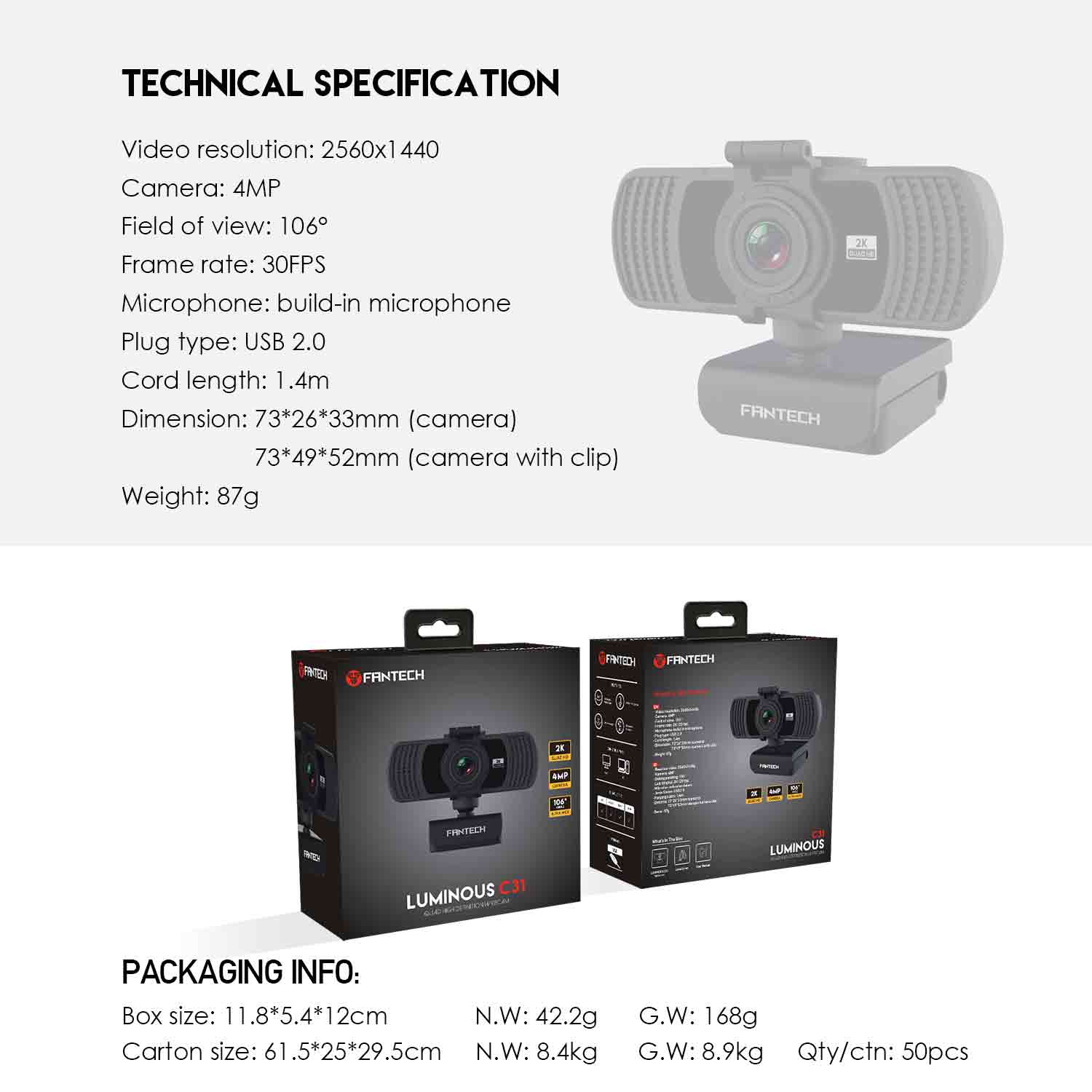 WEB KAMERA FANTECH QUAD HD 1440P 2K USB 2.0 LUMINUS C31 CRNA