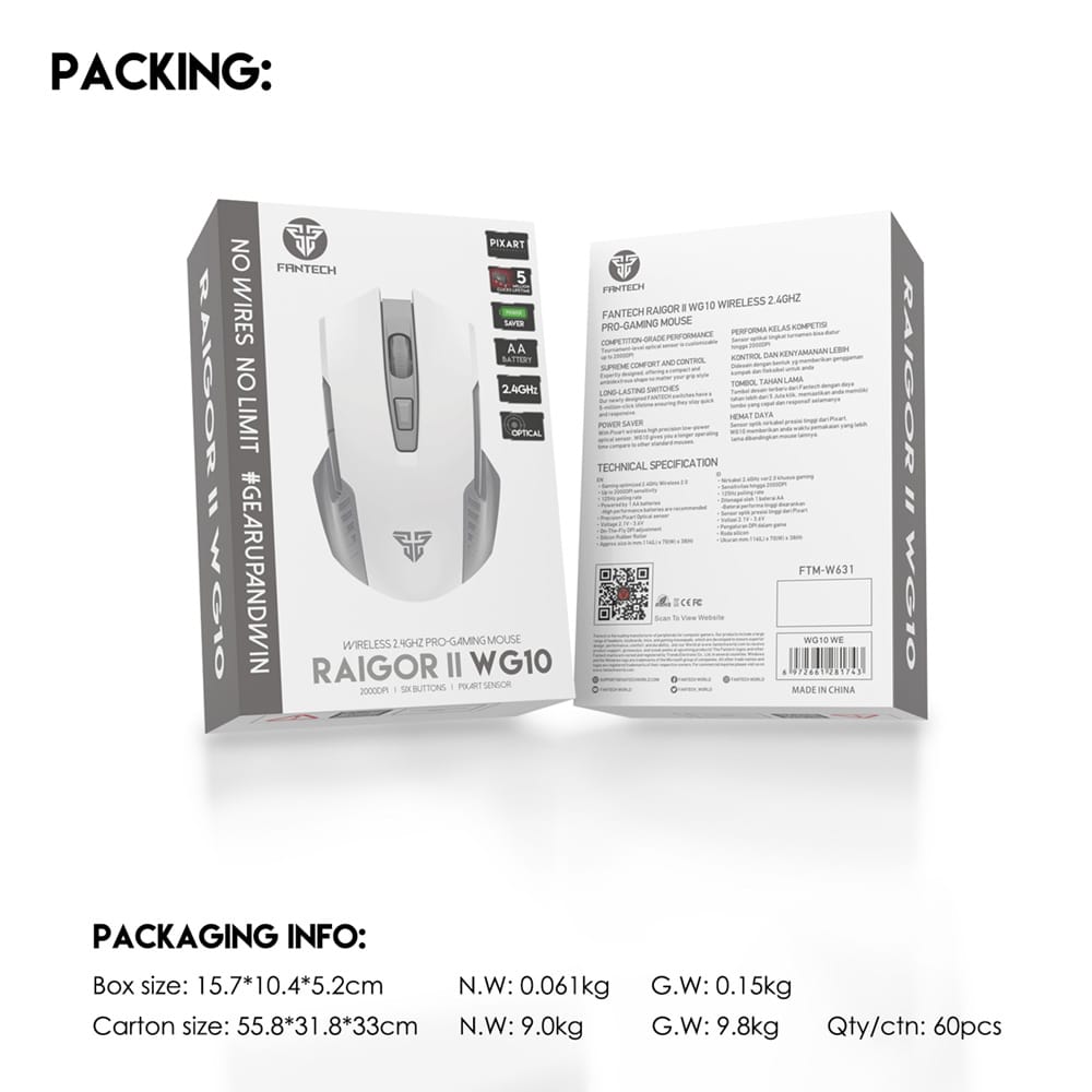 MIŠ GAMING BEŽIČNI FANTECH 2000 DPI RAIGOR II WG10 BIJELI