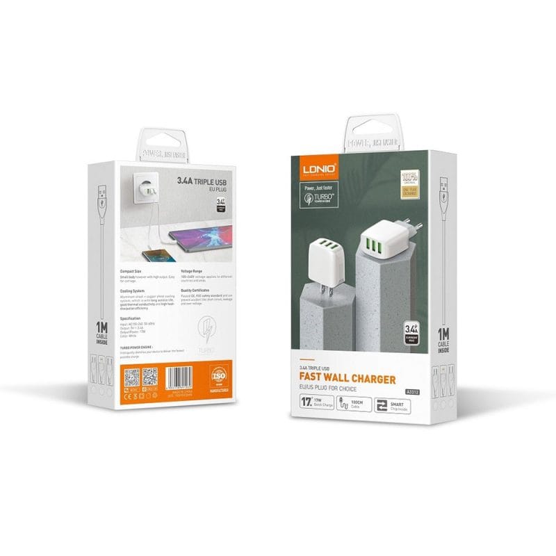 Brzi LDNIO punjač s 3 USB izlaza i tip C kabelom – 3.4A